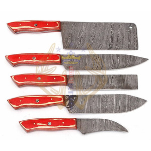 Ensemble de couteaux de cuisine 5 pièces en acier damassé japonais fait à la main Outil de boucher personnalisé avec couteau de chef de 8 pouces et étui en cuir - Product Image 5