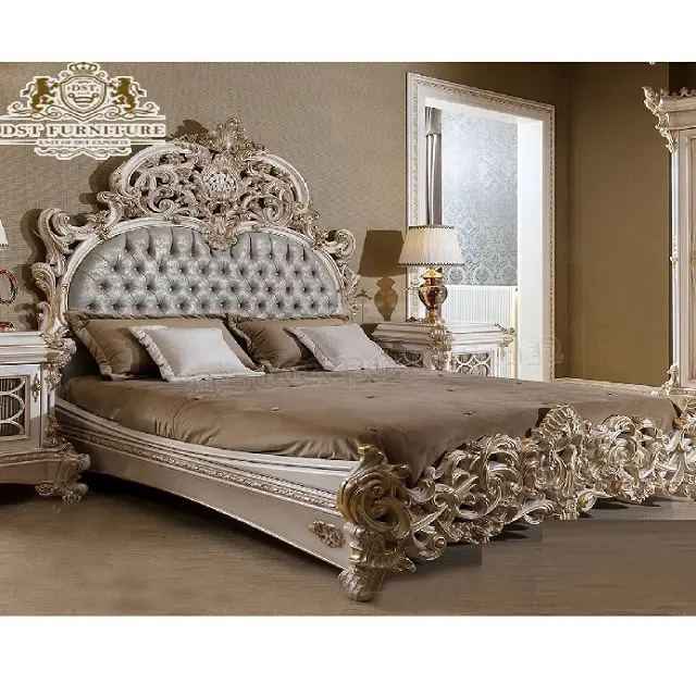 빈티지 스타일 손으로 만들어진 크라운 침대 Nightstands 유럽 손으로 새겨진 크라운 침대 독점 프랑스어 보기 침실 가구 세트