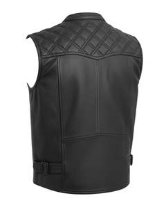 Gilet en cuir véritable noir pour homme, matelassé en diamant, col mandarin et fermeture éclair sur le devant - Product Image 3