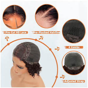 Perruque Bob courte et profonde avec devant en cheveux humains, perruque de cheveux humains bouclés et naturels, pre-plucked, pre-cut, sans colle, densité 180%, noir naturel - Product Image 4