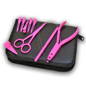 Microlink – pince à cheveux rose vif à deux trous, Kits d'outils d'extension de cheveux, Clips de marquage, enfileur, ciseaux, ensemble d'anneaux de séparation