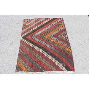 Tapis turc vintage, tapis Kilim 3,2x4,5 pieds, tapis en laine abstrait rouge - Product Image 1