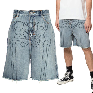 DENIM Streetwear Custom Vintage serigrafía 3/4 Jeans acampanados Pantalones cortos de cintura alta Baggy Jorts Hombres - Product Image 1
