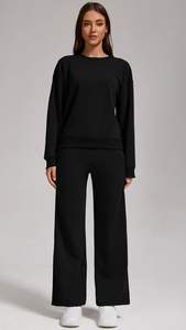 Sweat-shirt à épaules tombantes 2 pièces-Ensemble de jogging-Pantalon à capuche long en toile confortable-Pantalon à boutons-Top pour femmes - Product Image 5