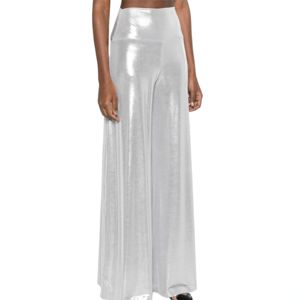 Norma Kamali pantalon évasé métallique ton argent conception extensible taille haute longue longueur mode moderne cloche bas pantalon - Product Image 5
