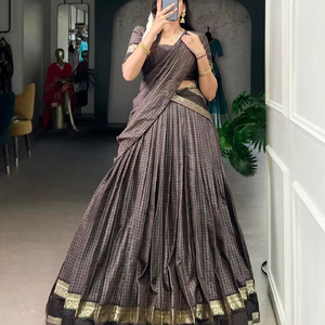 Lahenga Choli Dupatta Chettinad de Manga Corta para Todas las Temporadas con Trabajo de Tejido de Zari - Product Image 1