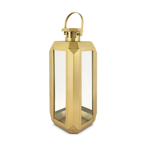 Gold Metal Lantern with Glass Panels <b>Large</b> Decorative Candle Holder for Pillar or LED Candles Indoor Outdoor Patio Wedding Decor - Product Image 2