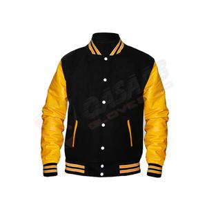 Black Lightweight Wool-Body Genuine <b>Yellow</b>-Leather Sleeves Blanked Breathable Letterman-Printings Solid-Color Varsity's <b>Jacket</b> - Product Image 1