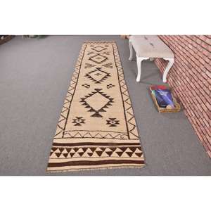 Alfombra Turca Vintage, Alfombra de Pasillo de 2.8x11.3 pies, Alfombra de Lana Marrón con Puntos Blancos - Product Image 1
