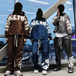 ชุดวอร์มผ้าปะติดกางเกงมีฮู้ดสำหรับชายเสื้อแบบดิบขอบตัดเย็บสไตล์วินเทจ - Product Image 1