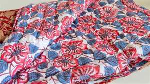 <b>Floral</b> Block Print Organic Cotton Razai <b>Quilted</b> Reversible Blanket - Product Image 2