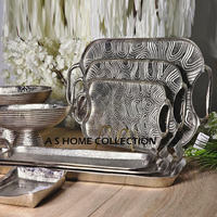 Lot de 3 plateaux de service en acier inoxydable de première qualité avec un design de palmier moderne, parfaits pour l'hôtel, la maison et les cafés.