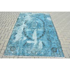 Vintage Blue <b>Turkish</b> <b>Rug</b> 5.4 X 8.1ft Boho Handmade Wool Carpet with Latex Backing for Bedside Rectangular Patchwork Pattern - Product Image 1