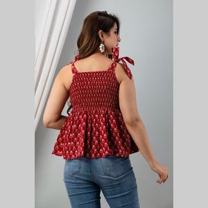Casual Cotton Poplin Sleeveless <b>Top</b> with Floral Print <b>Maroon</b> Smocked <b>Top</b> - Product Image 2