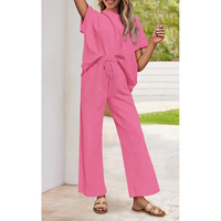 Ensembles de pulls décontractés en coton pour femmes, hauts en tricot brodés à manches courtes et pantalons plissés à jambes larges