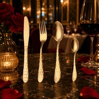 Ensemble de couverts en acier inoxydable poli miroir doré, manche martelé diamant, pour hôtels, restaurants et mariages