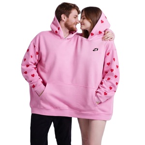 Sweats à capuche tendance en molleton de coton pour deux personnes, coupe oversize, imprimé cœur rose, streetwear, pull personnalisable en gros - Product Image 3