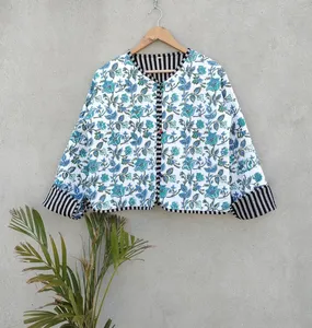 Chaqueta acolchada de algodón con estampado de añil bohemio hecha a mano para mujer, forro de lino Reversible, cómodo, duradero para Otoño Invierno - Product Image 5