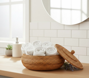 Cesta redonda de mimbre natural tejida a mano con tapa, cesta decorativa ecológica de mimbre para múltiples usos, procedente de Vietnam. - Product Image 5