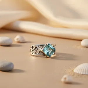 Bague ovale en topaze bleue en argent 925 plaqué rhodium géométrique pour femmes - Certifiée IGI - Product Image 1