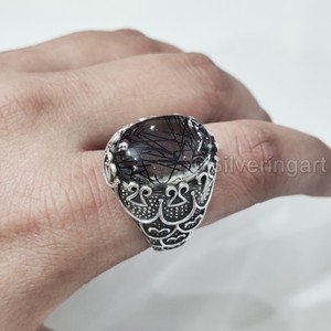 Bague en argent sterling 925 pour homme, avec pierre précieuse naturelle quartz rutile noir, pierre de naissance de avril, bijou cadeau de Noël arabe, vente en gros - Product Image 5