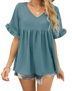 Elegante Blusa Holgada Tipo Babydoll para Mujer, Color Verde Azulado, Manga Corta con Volantes, Material Ligero, Cuello en V, Estilo Veraniego - Product Image 2