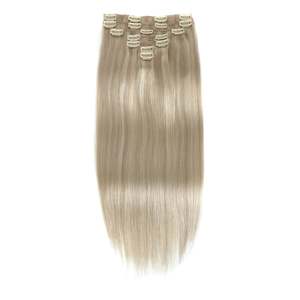 Clip in <b>Hair</b> <b>Extensions</b> 13 Inch Remy Brazilian Human <b>Hair</b> Bone Straight Dark <b>Ash</b> and Pearl <b>Blonde</b> Mix - Product Image 3