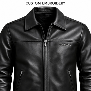 Veste en cuir noir pour homme, fermeture éclair, style motard, col rabattable, coupe-vent - Product Image 2
