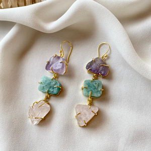 Pendientes colgantes de plata de ley con piedras preciosas, joyería con tres piedras - Product Image 1