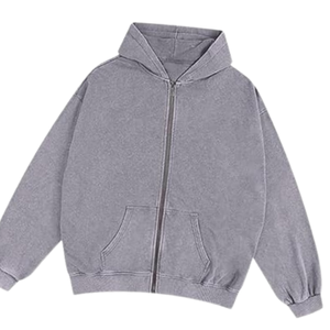 Sweat-shirt à capuche gris clair délavé à l'acide, coupe ample, look vintage, polaire doux, fermeture éclair intégrale, streetwear pour hommes et femmes - Product Image 3