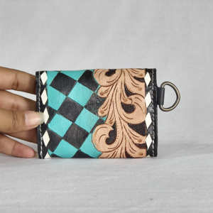 Fashion Genuine Leather <b>Card</b> <b>Holder</b> Teal White Checkered Embossing Button Closure Women Short Wristlet <b>Wallet</b> Geometric Pattern - Product Image 4
