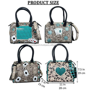 New Hand Tooled Genuine Leather Speedy Duffle <b>Bag</b> with Turquoise Checkered Heart Design Western Floral Cowhide Handbag for Women - Product Image 2