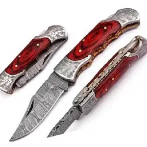 El kazınmış yeni tasarım şam çeliği bıçak katlanır bıçak çakı kırmızı ahşap saplı özel boyut