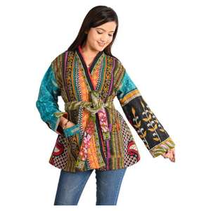 Wholesale Boho Casual Style Women's Jacket Vintage Cotton Reversible <b>Coat</b> with Recycled Woven Fabric Women's Outerwear - Product Image 4