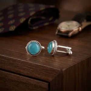 Ensemble de boutons de manchette œil-de-chat bleu de haute qualité, best-seller, en argent sterling 925 plaqué, bijoux unisexes pour mariage. - Product Image 3