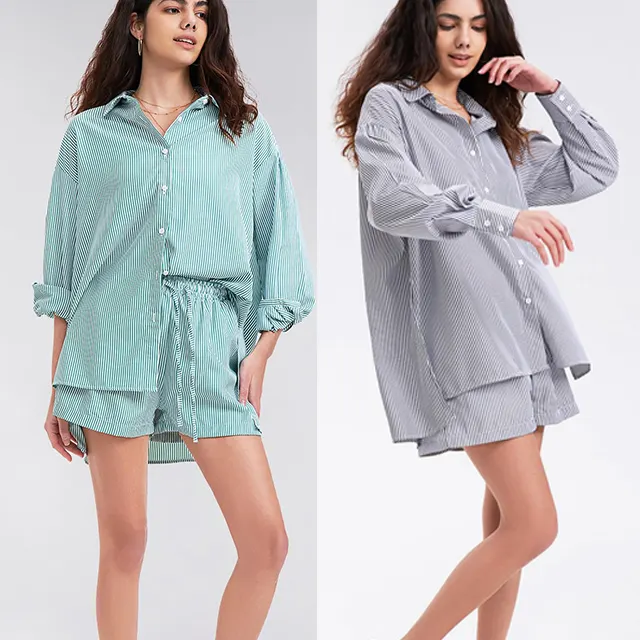 Conjuntos de 2 piezas para mujer, camisas informales de manga larga con botones, conjuntos cortos a juego para salón, chándal de moda de verano