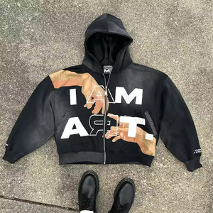 Sweat-shirt pour hommes de haute qualité personnalisé en mousse sérigraphié sweat à capuche à fermeture éclair ample avec éponge et polaire Style décontracté d'hiver - Product Image 5