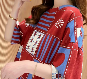 Plus Size Women's <b>Patchwork</b> Anti-Wrinkle O-Neck Pullover Short Sleeve 100% Cotton Casual Summer Knit Tee - Product Image 3