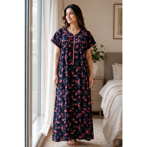 Evolove Women's Classic Black Floral Print 100% Cotton <b>Long</b> Sleeve Nightgown Front Zipper Quick Dry Breathable 3XL Home Night - Product Image 1