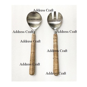 Serveur à salade en acier inoxydable poli mat avec manche en rotin, ustensiles de cuisine, utilisation à domicile, hôtel, restaurant, outils à salade, cuillère, fourchette, ustensiles - Product Image 3