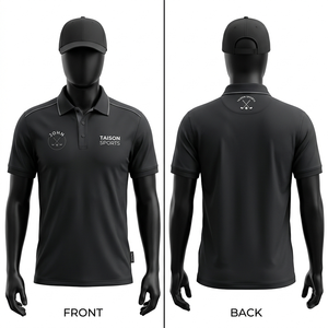 เสื้อกอล์ฟผู้ชาย 180 GSM ผ้าโพลีเอสเตอร์พรีเมียมแบบ Pique สีดำเทา ระบายเหงื่อได้ดี ระบายอากาศได้ดี พิมพ์ลายแบบ Sublimation โลโก้และหมายเลขสั่งทำได้ - Product Image 2