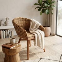 Fauteuil seau en rotin naturel tressé, moderne, durable et écologique, avec pieds en bois, pour extérieur et patio