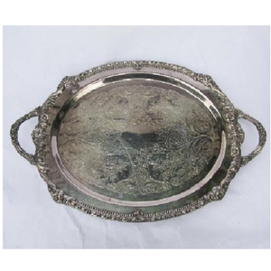 Top vente Antique métal plateau de nourriture finition Nickel laiton poignée forme ovale cuisine maison vaisselle servant inspiré Design indien - Product Image 6