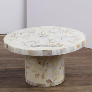 Soporte de pastel de nácar con incrustaciones de hueso redondo hecho a mano con patrón de hoja de flor multicolor para boda o uso doméstico - Product Image 3