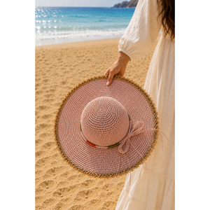 Powder Pink <b>Floppy</b> Bowler <b>Hat</b> with Tassel Detail Printed Natural Grass and Ribbon for Children's Outdoor Parties or Beach Use - Product Image 2