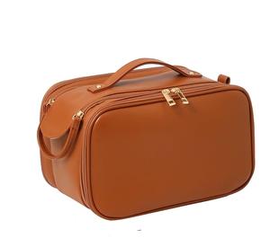 Women's <b>Large</b> <b>Capacity</b> Leather <b>Cosmetic</b> <b>Travel</b> <b>Bag</b> Fashion Style Brown Double-Zipper Wide Opening Makeup Pouch - Product Image 4