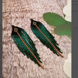 <b>Unique</b> Green Drop Earrings Beaded Long Earrings Native Earrings <b>Gift</b> <b>for</b> <b>Her</b> Fringe Earrings - Product Image 1