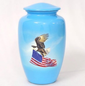 Urne funéraire en céramique bleu foncé avec un motif lumineux spirituel, symbole d'espoir, de foi et de repos éternel - Product Image 3