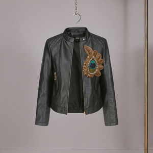 Luxury Women Motorcycle Jacket Beaded Stone <b>Applique</b> Custom Embroidered Black OEM Woven <b>Fabric</b> Waterproof Eco-Friendly Outerwear - Product Image 5