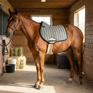 แผ่นรองอานม้าแบบเย็บลายสีเทา พร้อมแผ่นตกแต่งลายดอกไม้ อุปกรณ์เสริมสำหรับการฝึกกระโดดที่มีสไตล์ พร้อมซับในตาข่าย ไส้ใยฝ้ายและโฟม รูปทรงโค้งมน - Product Image 2